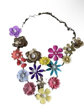 Vintage Necklace Bib 1960s 1950s Floral Pink Yellow Violet Enamel Chain NG